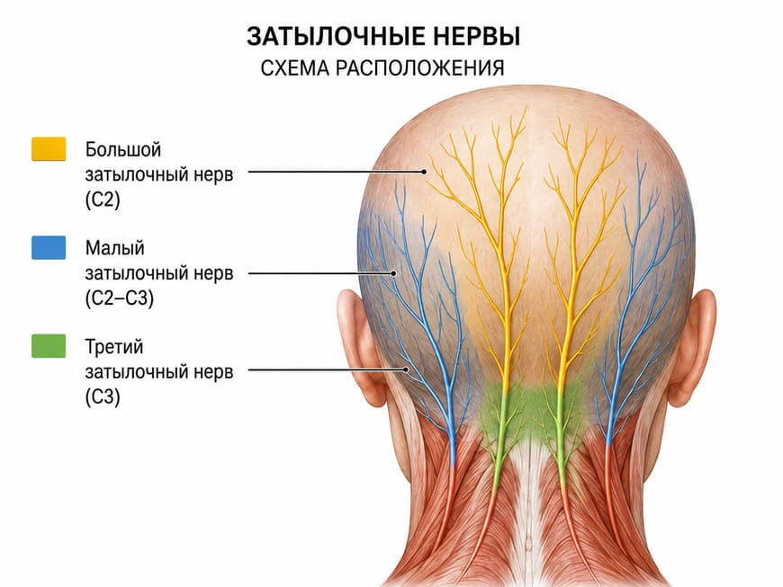 Большой и малый затылочные нервы — схема расположения