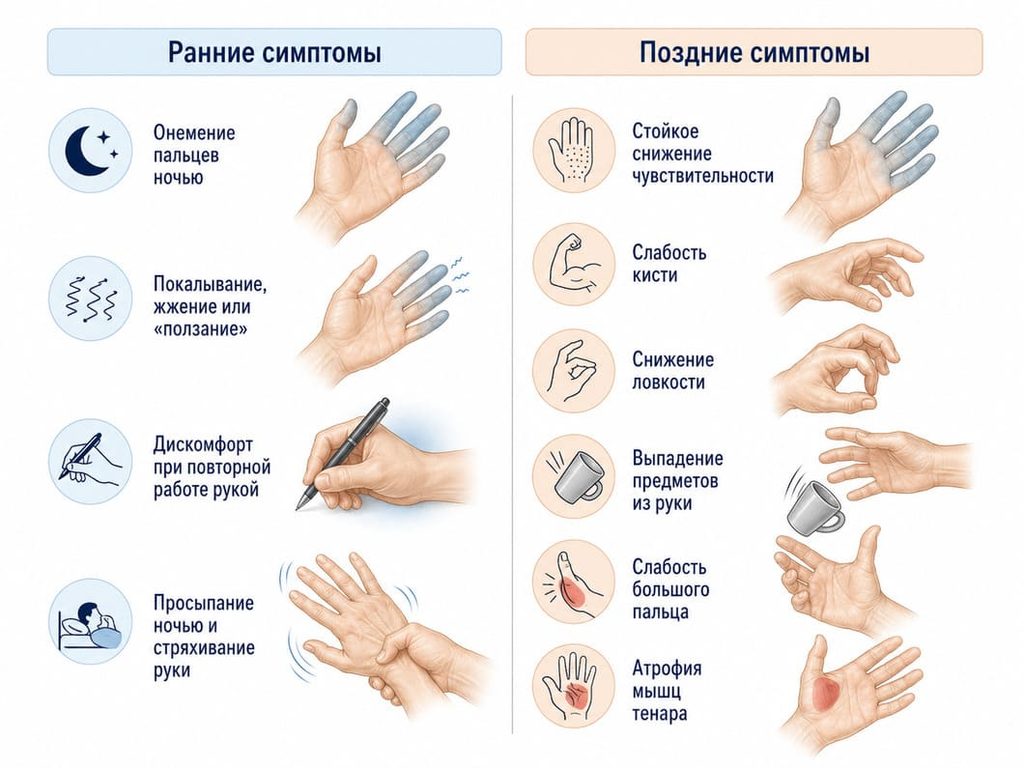 Симптомы синдрома запястного канала на разных стадиях