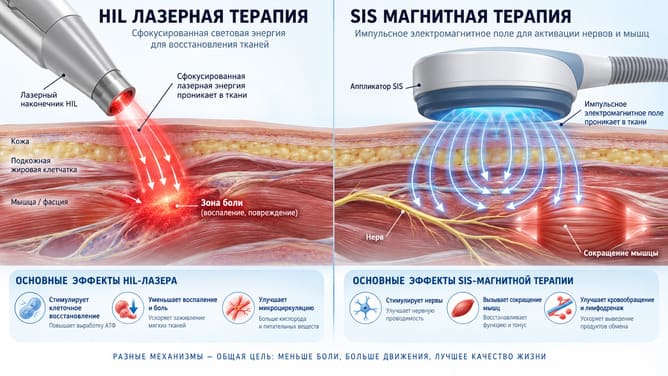 Принцип действия HIL лазера и SIS магнитотерапии